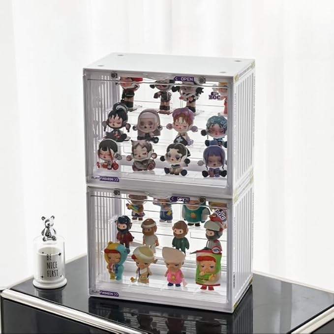 Clear Display Case for Figures, 3 Tier Adjustable Display Stand, Acrylic Display Box with Magnetic Door, Dustproof Showcase for Collectibles Mini Funko Pop Popmart Action Figures (Ivory-2 Pack)