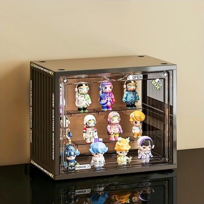 Clear Display Case for Figures, Acrylic Display Case for Collectibles, Adjustable Figure Display Case with Magnetic Door, Stackable Display Box for Action Figures, Pop Mart, Funko Pop (Black, 1 Pack)