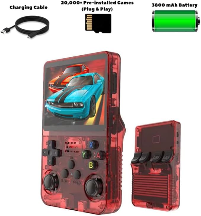 R36S Retro Handheld Game Console 128GB – 20,000+ Games, 3.5” HD IPS Screen, Portable Arcade Gaming System, 4000mAh Battery, Dual Joystick, Expandable Storage Retro Video Game Console (Skeleton Red)