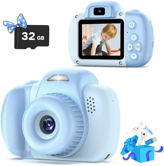 Goopow Mini Kids Camera Toys for 3 4 5 6 7 8 Year Old Girls Boys, Toddler Children Digital Video Camcorder Camera, Best Chritmas Birthday Festival Gift for Kids - 32G SD Card Included NK-Lightblue