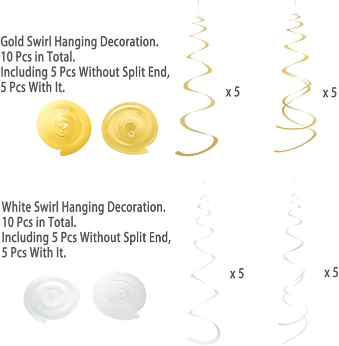 MOWO Gold and White Foil Swirl Hanging Decoration Streamer for Birthday Graduation New Year Wedding Party Supplies, Pack of 20