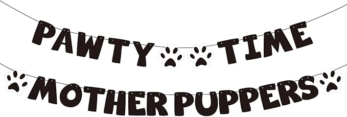 Pre-Strung Let's Pawty Dog Birthday Party Supplies - Pawty Time Mother Puppers - Funny Gold Glitter Puppy Dog Birthday Banner For Party Decorations Girl Boy - Cute Puppy Pets Paw Pennant Sign Deco (Black)