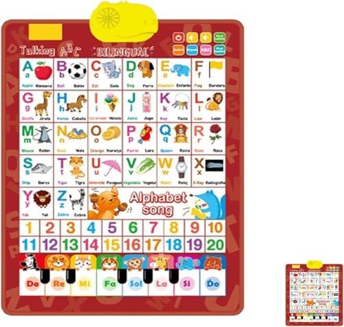 Bilingual Interactive Wall Chart for Kids – English & Spanish ABC Song Poster with Sound Effects, Alphabet, Numbers, Animal Words & Piano for Toddlers 1-6 (Red)