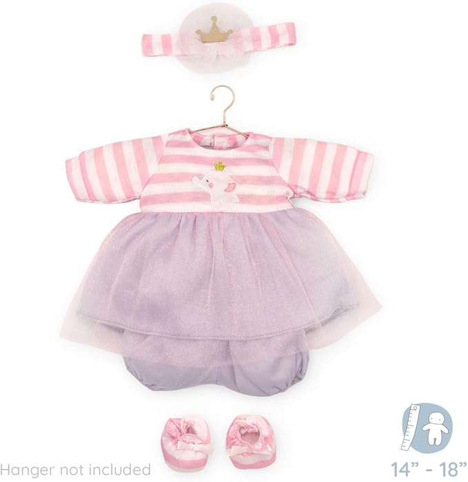 JC Toys | Berenguer Boutique | Baby Doll Outfit | Pink Striped Dress with Tulle Skirt, Shorts, Headband, and Booties, Fits Dolls 14"- 16"