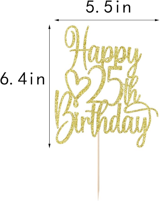 Gold Glitter Happy 25th Birthday Cake Topper - Cheers to 25 Years Cake Topper, 25 & Fabulous Cake Decoration for Hello 25th Birthday Anniversary Party Cake Decorations Supplies