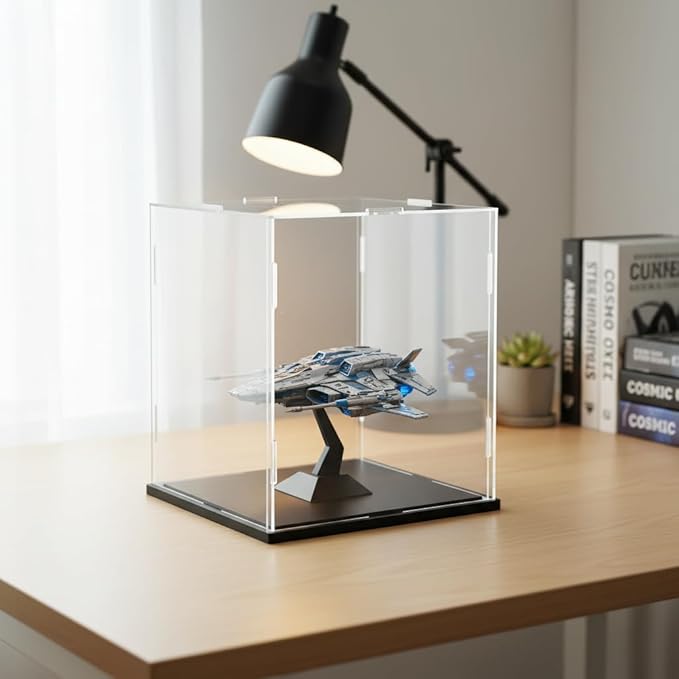 Clear Acrylic Display Case, Assemble Cube Display Box Stand with Black Base, Dustproof Protection Showcase for Collectibles Memorabilia Figurines (8x8x8 inch; 20x20x20cm)