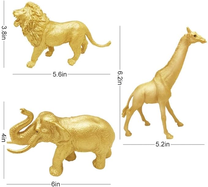 Metallic Gold Plastic Animal Figurines Toys, 12PCS Golden Safari Zoo Animal Figures, Jungle Wild Animals for Baby Shower Decor, Safari Themed Birthday Party, Christmas Decoration Gifts