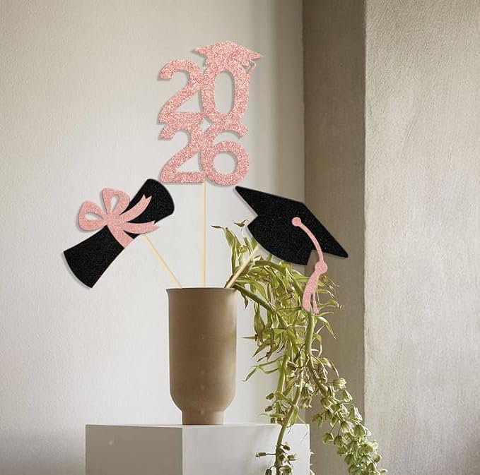 12Pcs Graduation 2026 Graduation Centerpiece Sticks Class of 2026 Party Decor Table Toppers for College High School Graduation Party Supplies Rose Gold & Black
