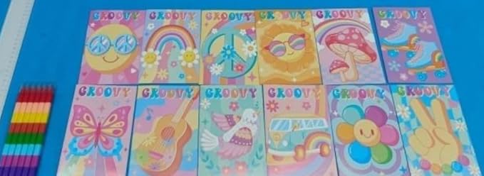 BenLouis 12 Hippie Boho Mini Coloring Books Kids with 12 Stacking Crayons Retro Daisy Party Favors Small Activity Books Bulk for Kids Two Groovy Party Gift Goodie Bag Stuffers