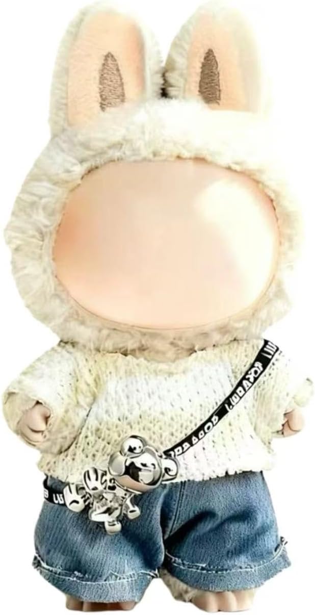 Clothes for LABUBU 17cm Doll (NO Dolls), Premium Outfit for LABUBU, Cute and Fashion Accessories with Sweater + Denim Jeans + Pants (White Kawaii)