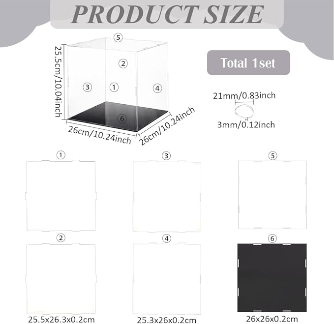 FINGERINSPIRE Clear Acrylic Display Case with Black Base & 4 Pcs Rubber Rings 10x10x10 Inch Cube Clear Self-Assembly Acrylic Box Dustproof Protection Showcase for Action Figures Collectibles Toys