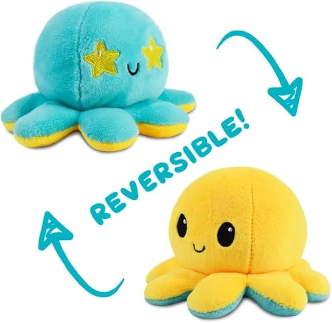 TeeTurtle Reversible Octopus Plushie 4-Inch Starry Eyes Two-Sided Flip Plush Toy with Embroidered Details - Cute Mini Collectible Plush for Kids, Teens, and Adults