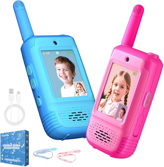 Video Walkie Talkies for Kids, 2 Pack Kids Walkie Talkies with 3 Voice Changers, Rechargeable Toy for 3-12 Year Old Boys Girls, 1000Ft Video Intercom for Camping Hiking Birthday Gift (Blue-Pink)