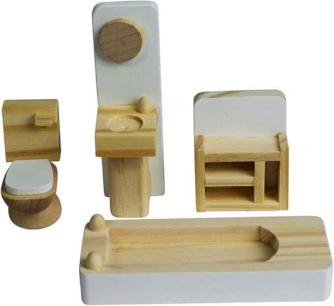 Seanmi Wooden Dollhouse Furniture - 5 Sets, 1:12 Scale Doll House Furnishings, 35 Pieces of Dollhouse Accessories (Living Room, Kitchen, Dining Room, Bedroom, Bathroom)