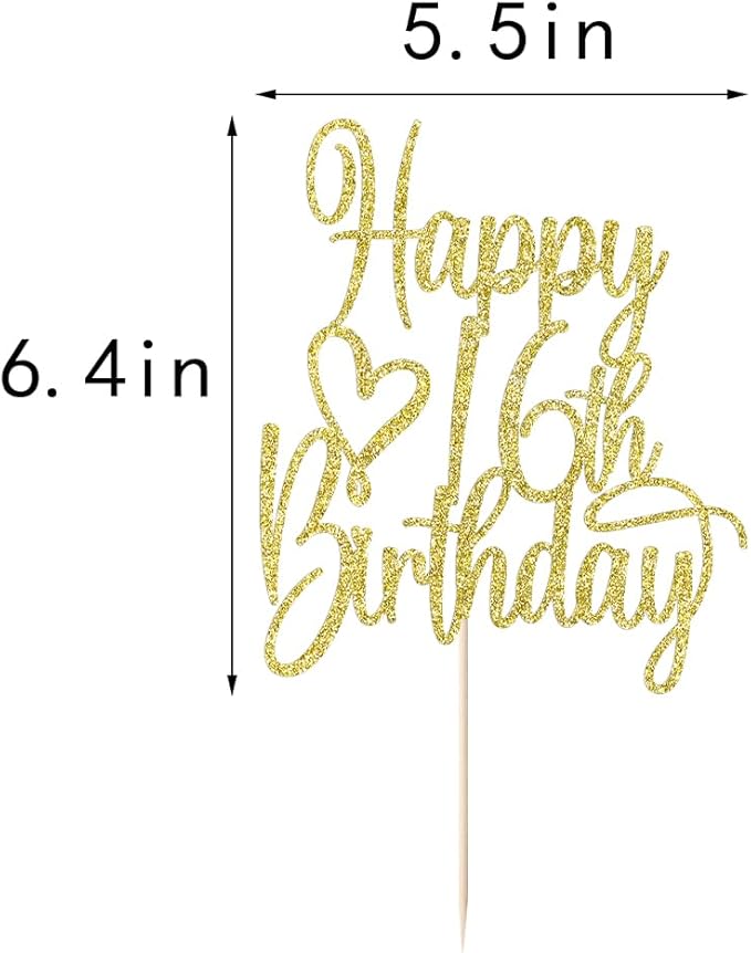 Gold Glitter Happy 16th Birthday Cake Topper - Cheers to 16 Years Cake Topper, 16 & Fabulous Cake Decoration for Hello 16th Birthday Anniversary Party Cake Decorations Supplies