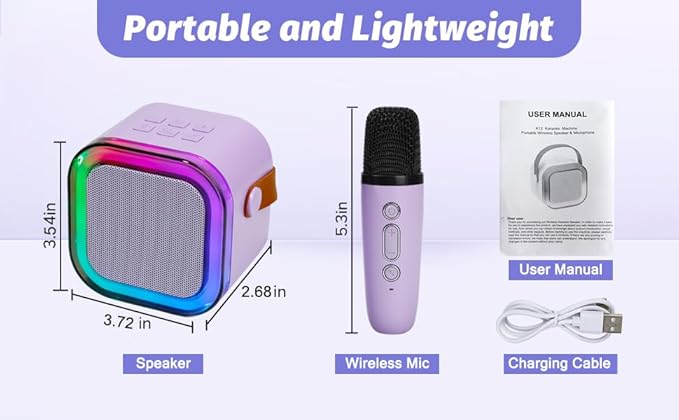 Mini Karaoke Machine for Kids, Portable Karaoke Speaker with 2 Wireless Microphones,Voice Effects,LED Lights, Singing Machine for Girl, Ages 3,4,5,6,7,8,9,10,11,12+ Years Old Birthday Gift(Purple)