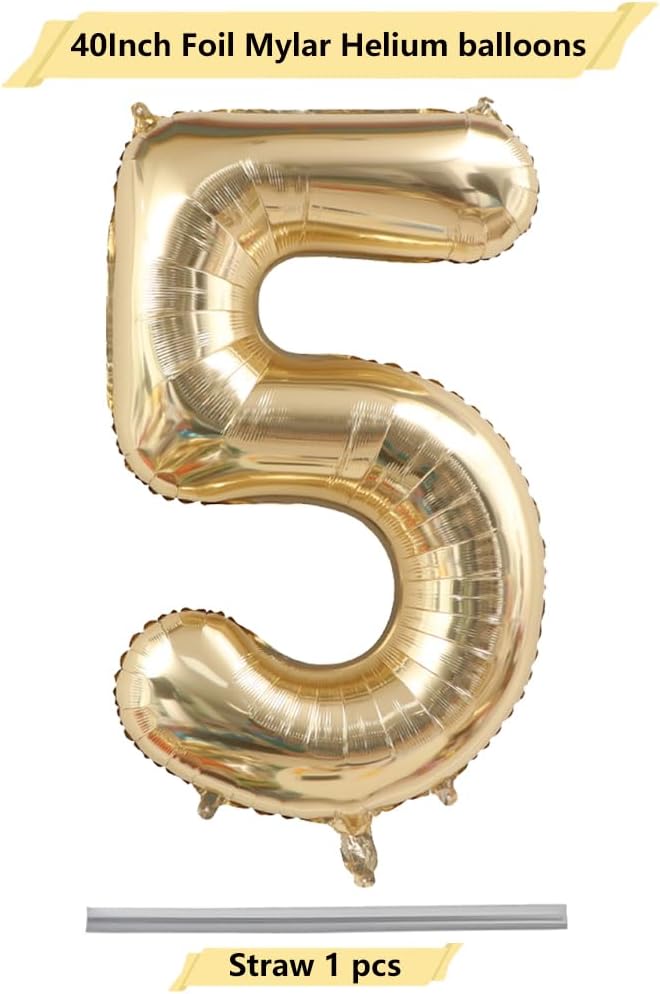40 Inch Light Gold 5 Number Balloons Champagne Gold Giant 5 Foil Mylar Helium Large Digita Balloon for Girls Boys 5th Birthday Jumbo Balloon Anniversary Graduation Events Party Decorations Supplies