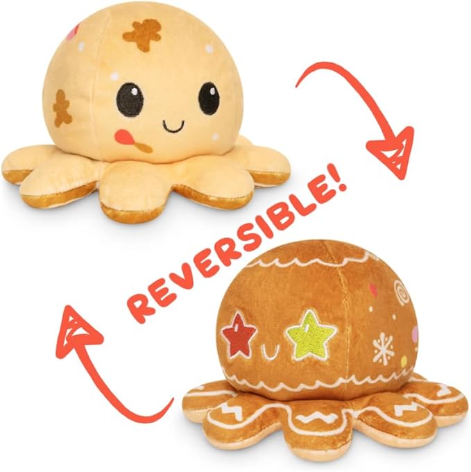 TeeTurtle Reversible Octopus Plushie 4-Inch Gingerbread Two-Sided Flip Plush Toy with Embroidered Details - Cute Mini Collectible Plush for Kids, Teens, and Adults