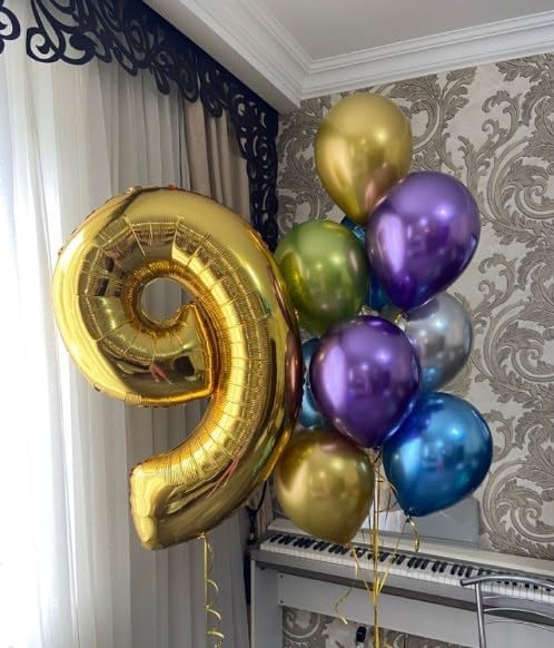 40 Inch Big Gold 9 Balloon Number, Jumbo Giant Happy 9th 19 29 39 49 99 Birthday Party Decorations, Large Nine Mylar Foil Anniversary Birthday Party Engagement Decorations
