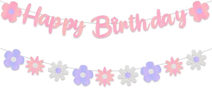 Zwiebeco Pink Floral Happy Birthday Banner Bunting Garland Hanging Paper Party Decoration Supplies for Spring Summer Wildflower Boys Girls Kids Baby Shower Bday Decor Accessories Supplies