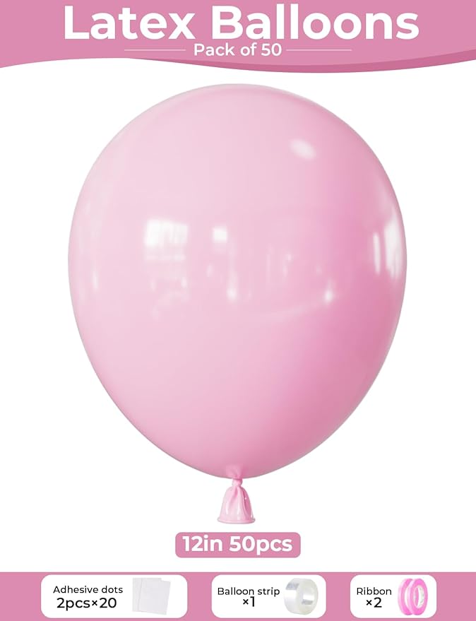 Light Pink Balloons Latex Balloons - 12 Inch Pastel Baby Pale Pink Latex Balloon, Bright Party Balloon with Ribbons for Baby Shower Gender Reveal Birthday Wedding Party Decorations, 50 Pcs