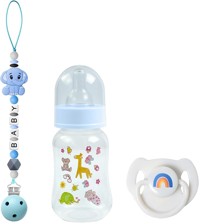 SCOM Reborn Baby Doll Accessories Set - Rainbow Magnetic Pacifiers & Removable Reusable Baby Doll Bottles with Silicone Pacifier Clips for Reborn Dolls Boys for Doll Lover, Blue Style, 3 Pcs