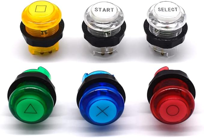 Arcity 6 Pcs/Lot 28mm Arcade LED Push Buttons Illuminated Start Select O X Triangle Square Circle Lit Multi-Colored with Microswitch for Arcade Machine Games Console Parts 5V