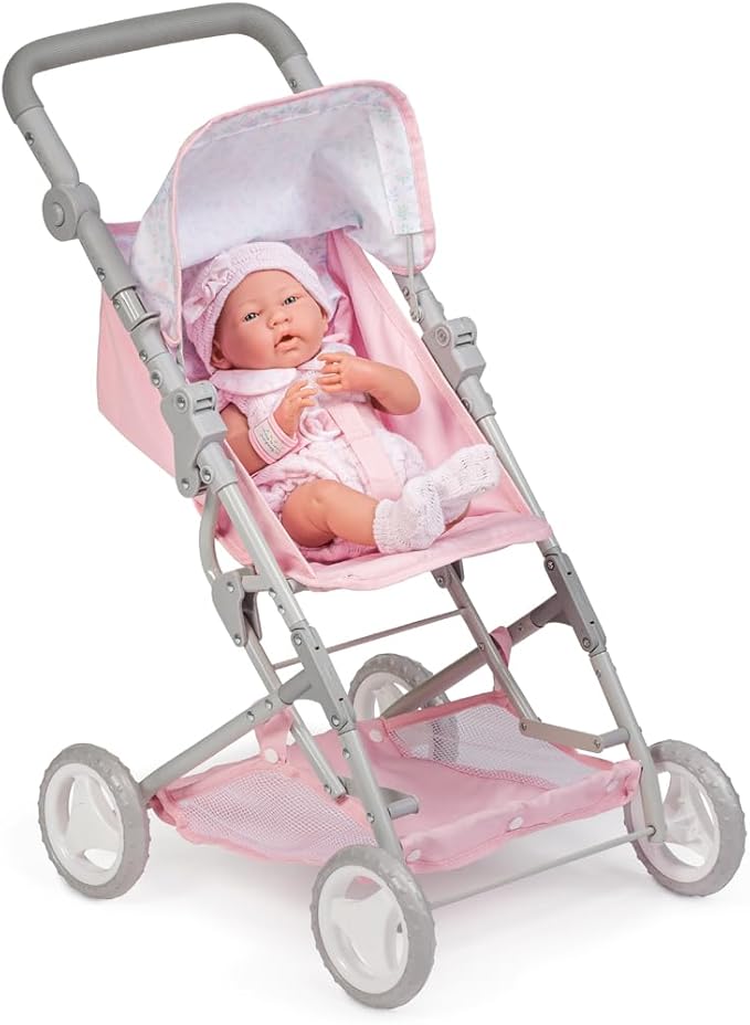 JC Toys - Berenguer Boutique | Fashionable Stroller with Canopy and Storage | Simple Folding |Pink Floral Collection | for Dolls up to 18" | Ages 3+
