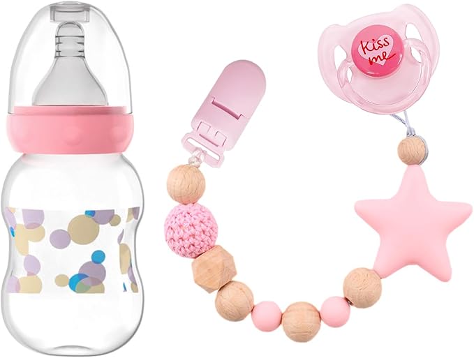 3 Pcs Reborn Baby Doll Magnetic Pacifier Feeding Set, Realistic Reborn Doll Accessories with Reborn Bottle, Magnetic Doll Binky & Star Clip, Pink Pretend Play Toy for Kids Gift