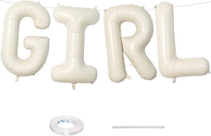 40 Inch Cream Girl Balloons, Large Beige Neutral Letters With Ribbon, Ivory White Sand for Her Birthday Baby Shower or Gender Reveal Party Decoration Supplies