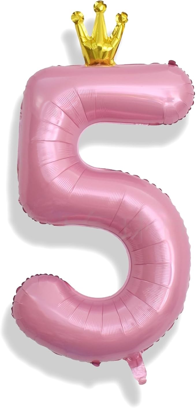 40 Inch Pastel Pink 5 Number Balloons, Giant Foil 5th Birthday Number Balloon, Crown Self Inflating Light Pink Balloons 0-9 Set for Girls Women Birthday Party Decor Anniversary Decorations Supplies