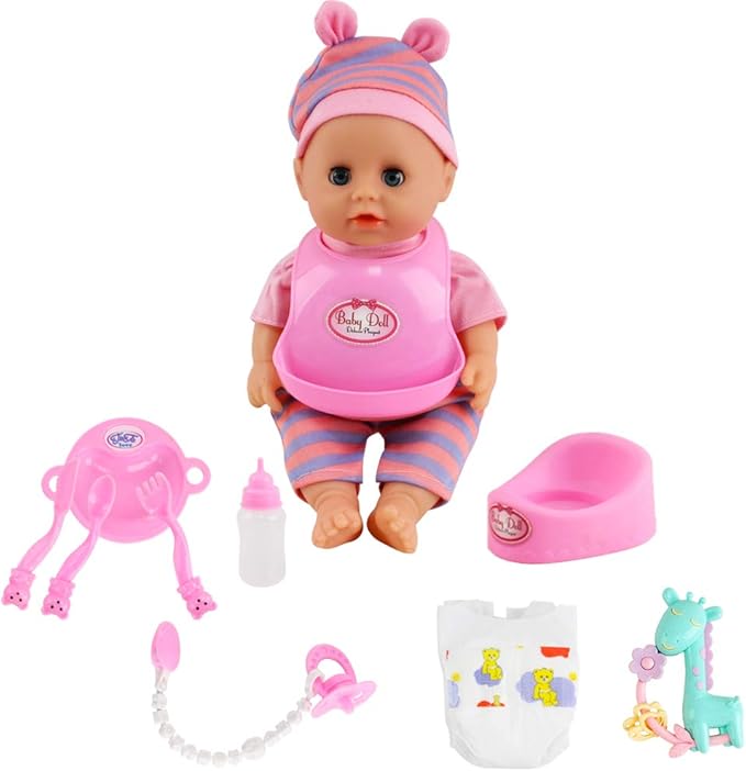 deAO Baby Doll Set with Crib Bed High Chair Stroller Baby Doll Accessories 20 Pieces Play Set Birthday for Girls Boys Kids