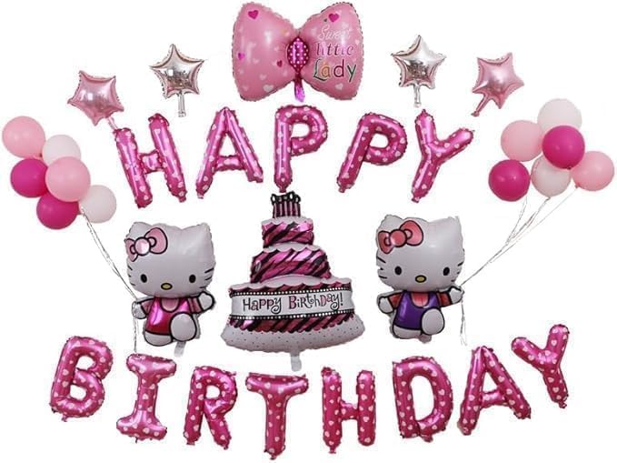 24 Pcs - Kitty Birthday Decorations | Cute Pink Party Supplies Balloons Banner | Colorful Party Decor for Girls and Toddlers