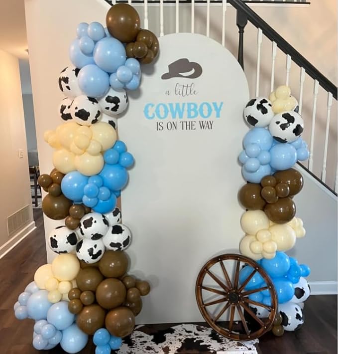 Cow Print Balloons, 12Inch Light Blue Brown and Cow Sand Balloons for Boys First Rodeo Birthday Cowboy Baby Shower Farm Western Country Party Decorations