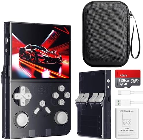 R40 Retro Handheld Game Console with Storage Case - Open Source System,3.5" IPS Screen, 18,000+ Classic Games, 128G TF Card, 3000mAh Battery, Portable Gaming Player for Travel, Black
