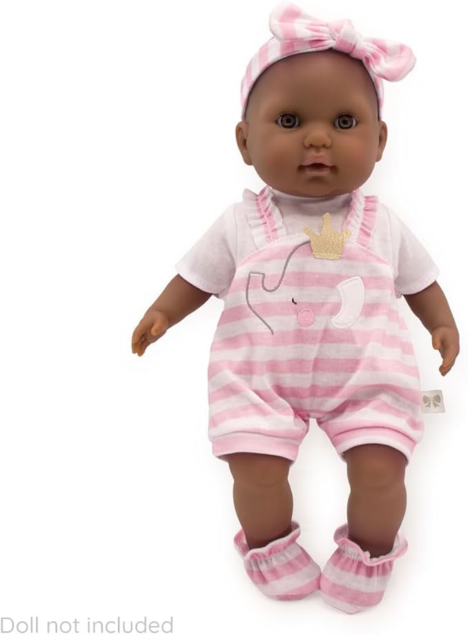 JC Toys | Berenguer Boutique | Baby Doll Outfit | Pink Stripes and White Overall Shorts | Includes Headband and Booties | Ages 2+ | Fits Dolls 14"- 16"