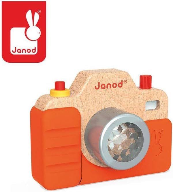Janod Beech Wood Toddler Camera with Light & Sound Effects & Silicone Cover for Pretend Play Ages 18 Months+