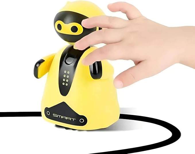 Mini Magic Inductive Robot Toy Tracer Bot Interactive STEM Toy Follow Black Line with LED Light Educational Toys for Kids (Yellow)