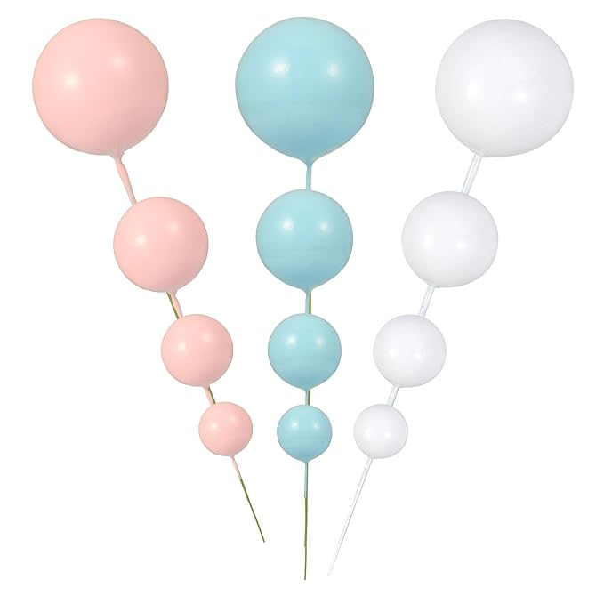 Gyufise 30Pcs Balls Cake Topper Foam Ball Cake Picks Faux Pearl Ball Shaped Cupcake Insert Cake Topper for Baby Shower Wedding Anniversary Kids Birthday Party Cake Decorations White Blue Pink