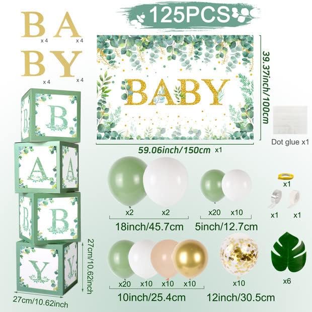 Sage Green Baby Shower Decorations 125PCS Green Balloon Arch Kit, Balloon Boxes, Backdrop for Woodland Jungle Theme Baby Shower Decor Gender Reveal Birthday Party Supplies