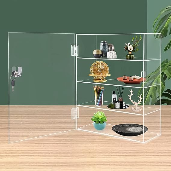 Clear Acrylic Display Case,4 Layer Transparent Countertop Showcase,Protection Showcase with Lock for Toy Collectibles Office Retail Store Safe Storage Sunglasses Toys (11.81*5.9*15.75 Inch)