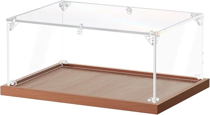 Acrylic Display Case for Collectibles Assemble Clear Acrylic Boxes for Display Lego Action Figures Doll Hobby Toys, Wood Base (14 x 10 x 6 inches, 35 x 25 x 15 cm)