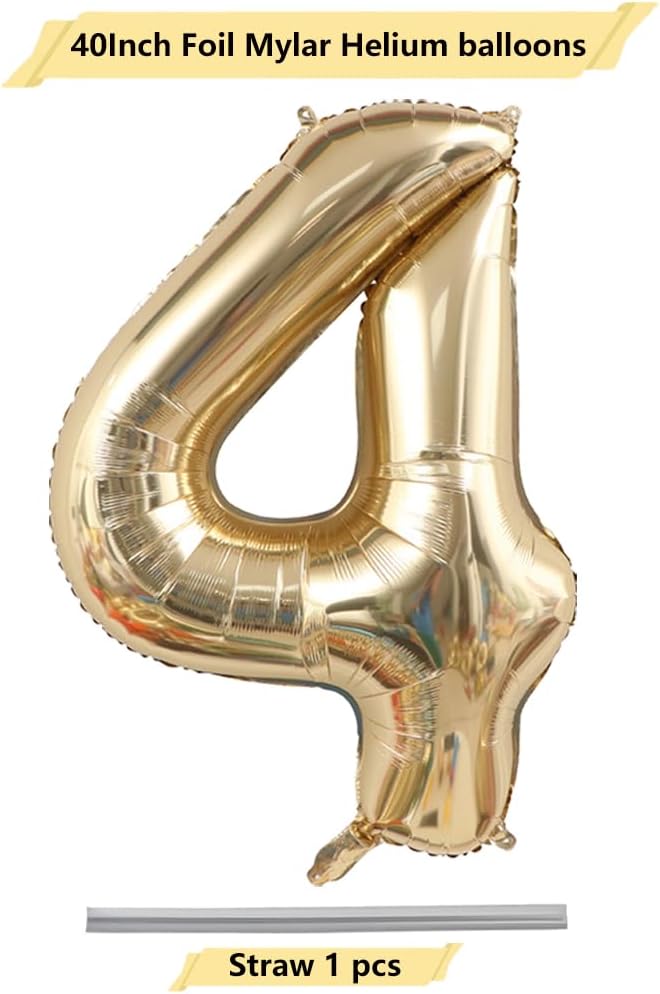 40 Inch Light Gold 4 Number Balloons Champagne Gold Giant 4 Foil Mylar Helium Large Digita Balloon for Girls Boys 4th Birthday Jumbo Balloon Anniversary Graduation Events Party Decorations Supplies