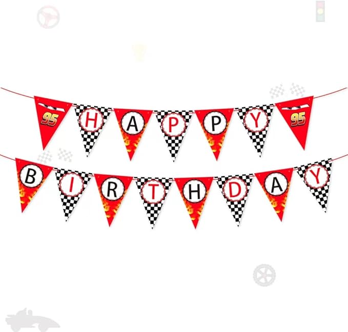 Race Car Happy Birthday Banner - Racing Themed Party Sign, Checkered Flag Decorations