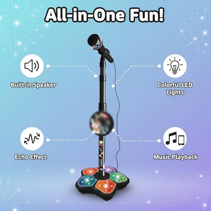 All in One Microphone Toy for Kids, 2026 New Kids Microphone with Adjustable Stand, Karaoke Microphone with Speaker & Colorful LED, for Phones, MP3 & Tablets, for Boys Girls (Blue)