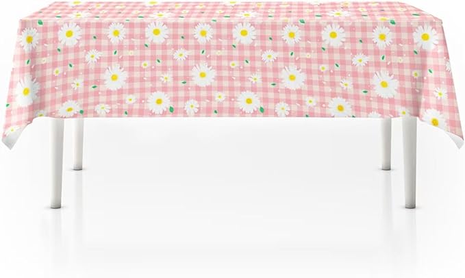 3pcs Daisy Plastic Tablecloth, 54x108 inch Spring Daisy Theme Table Cover, Pink Plaid Flower Tablecloth for Spring Floral Party, Baby Shower, Daisy Birthday Party Decorations