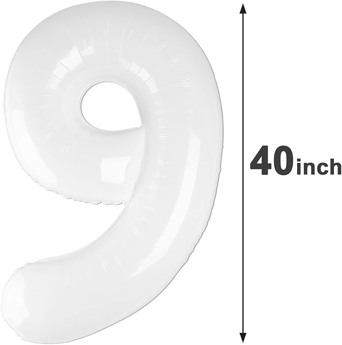 40 Inch Big White 9 Balloon Number, Jumbo Giant Happy 9th 19 29 39 49 99 Birthday Party Decorations, White Large Nine Mylar Foil Anniversary Birthday Party Engagement Decorations