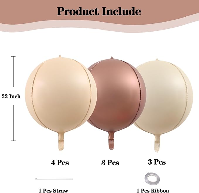 KALOR 22 Inch Beige Brown and Cream Foil Balloons, 10 Pcs Large 4D Giant Round Metallic Foil Balloon for Birthday Party Baby Shower Graduation Party Decorations