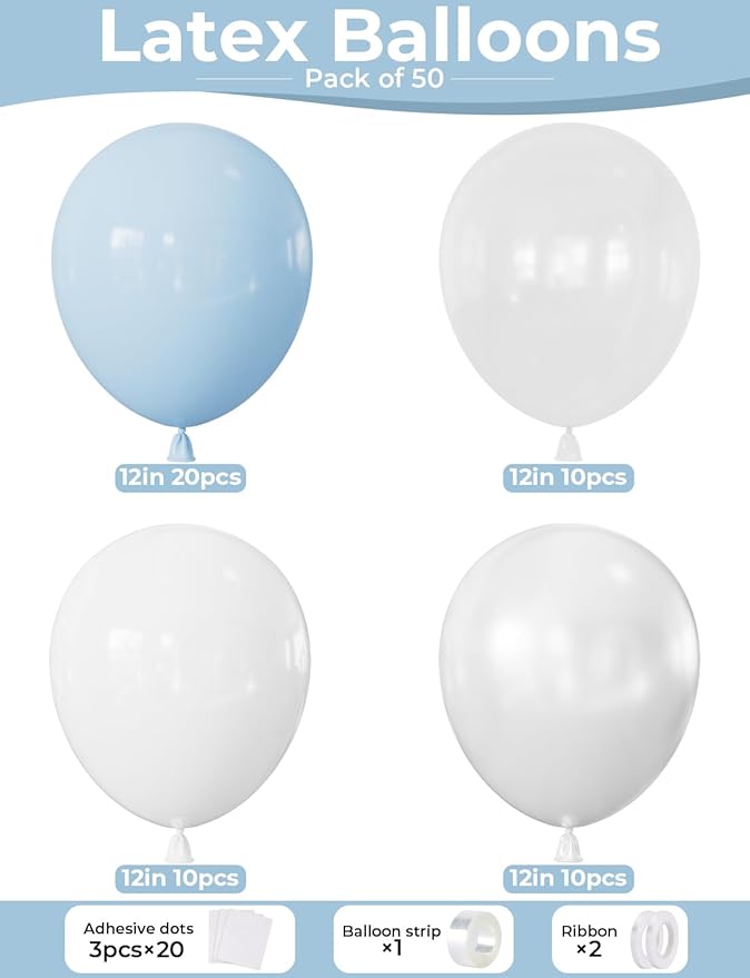 Pastel Blue and White Balloons, 50PCS Baby Blue, Pearl White & Clear Latex Balloons for Baby Shower, Birthday & Bridal Shower Party Decorations, Photo Backdrop
