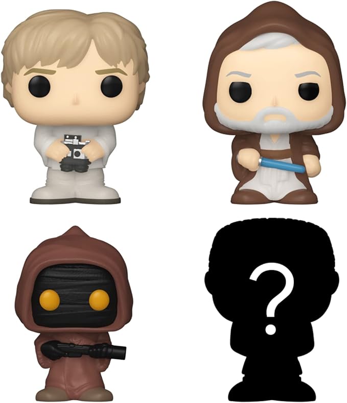 Funko Bitty POP! Star Wars - Luke, 4-Pack - Luke Skywalker, OBI-Wan Kenobi, Jawa and A Surprise Mystery Mini Figure - 0.9 Inch (2.2 Cm) Collectable - Stackable Display Shelf Included - Gift Idea